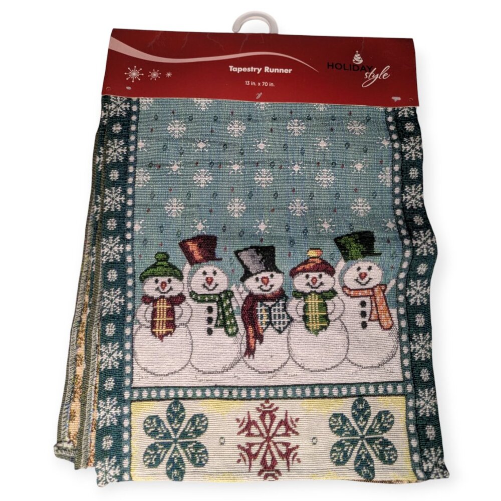 NWT Holiday Style Blue & White Snowman Tapestry Rectangle Table Runner 13" x 70"